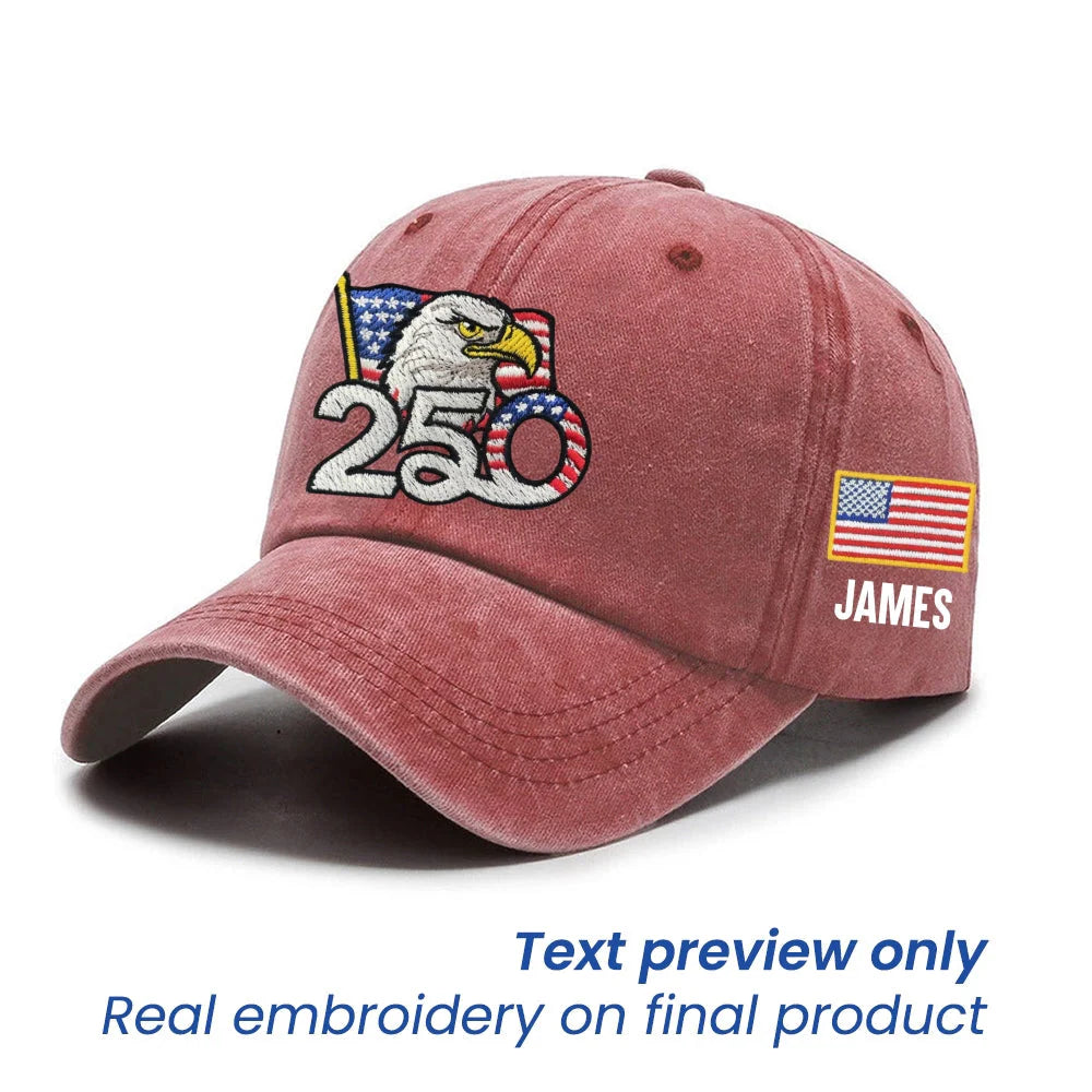 Cinnabar Red Personalized 250th Anniversary Washed Cap with Embroidered American Flag