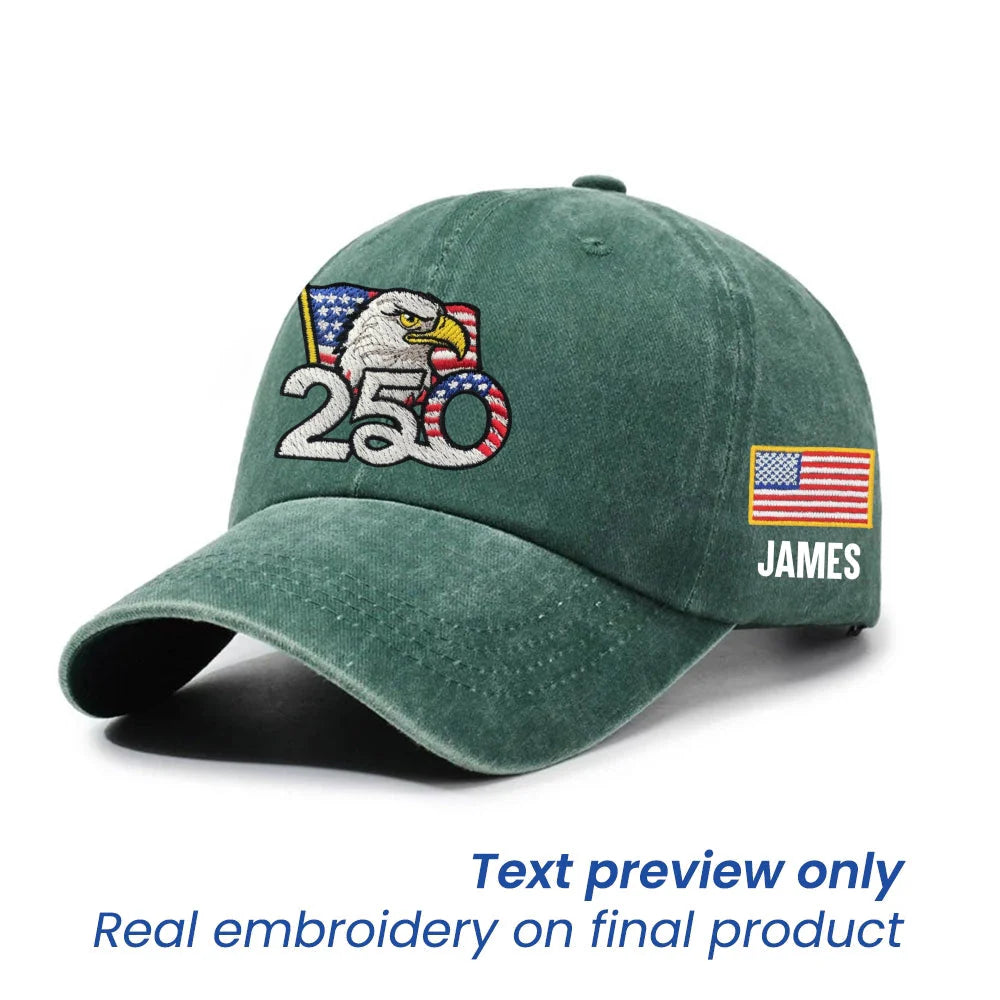 Green Personalized 250th Anniversary Washed Cap with Embroidered American Flag