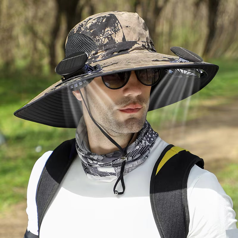 Solar Powered Cooling Hat with 2 Fans Khaki camouflage – Outdoor Sun Hat for Men & Women