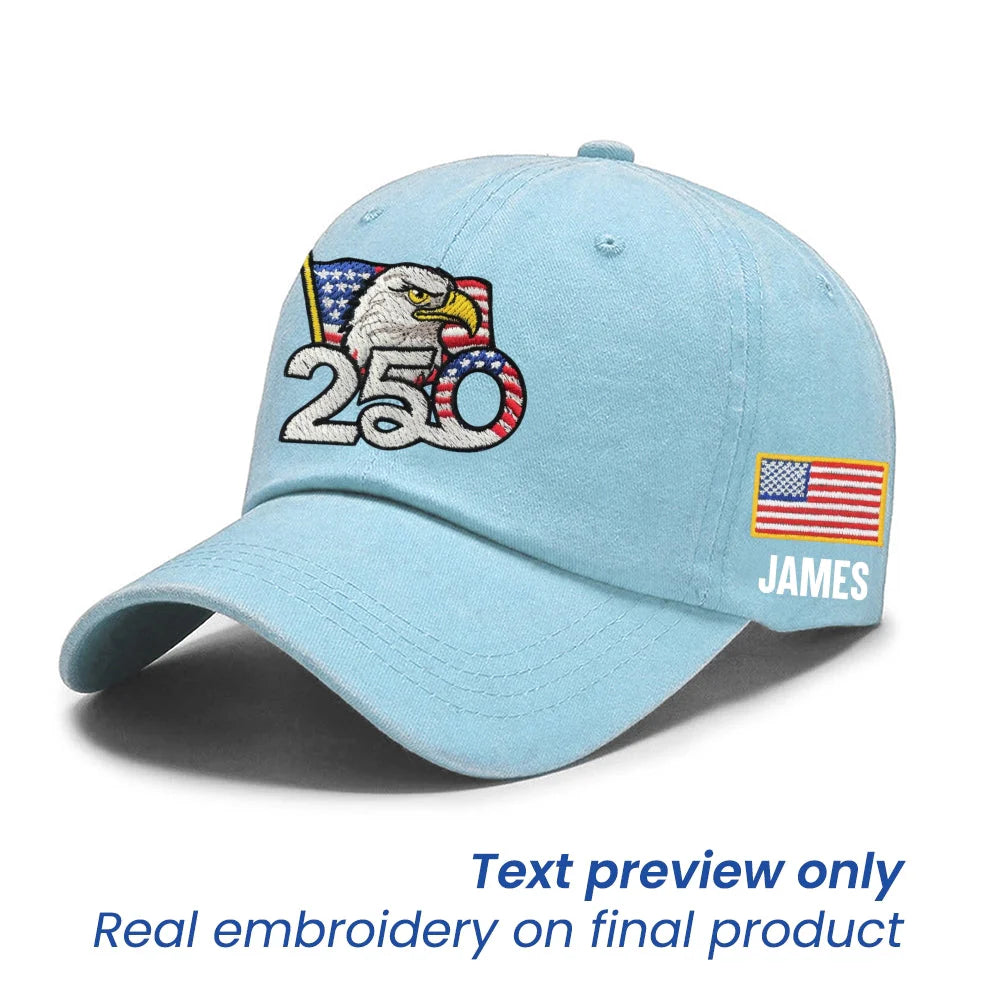 Light Blue Personalized 250th Anniversary Washed Cap with Embroidered American Flag