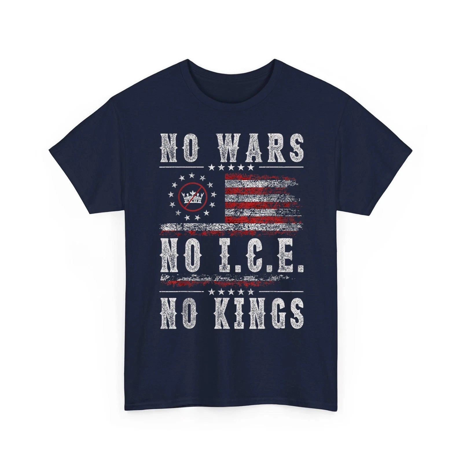 No Kings No Wars No ICE T-Shirt Patriotic American Flag Retro Unisex T-Shirt