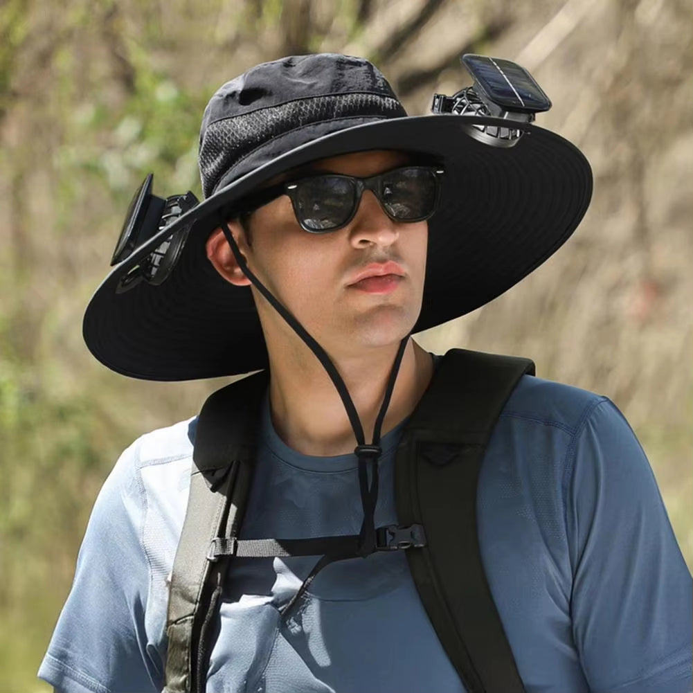 Solar Powered Wide Brim Fan Hat – Black