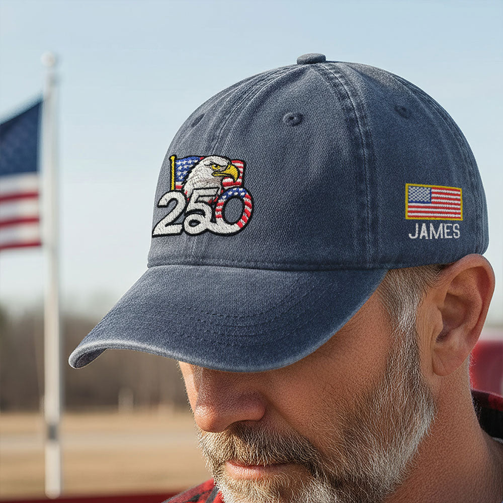 Personalized 250th Anniversary Washed Cap with Embroidered American Flag
